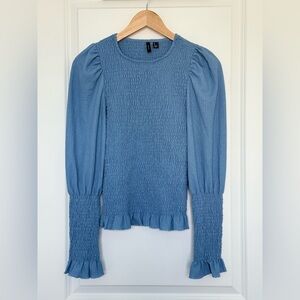 Vero Moda - Blue Puff Sleeve Smocked Blouse